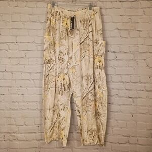 Tarse Womens Wide Leg Cargo Yoga Pants Camo Branch Leaf Print Yellow Cream L